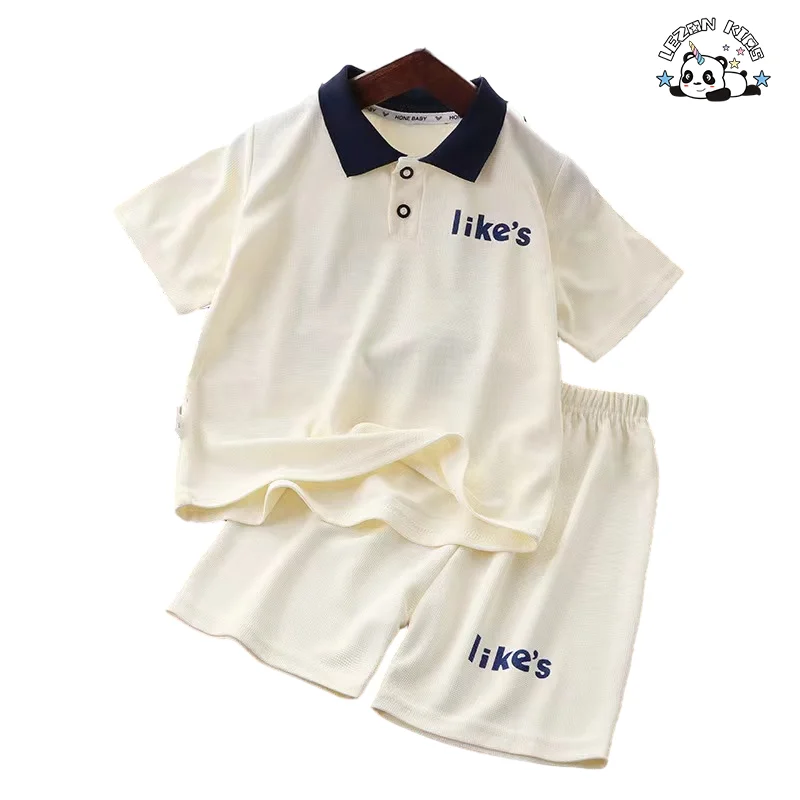 LEZONKIDS - Atacado de Novos Produtos camiseta polo e shorts com impressão de letras conjunto de roupas casuais de verão para meninos